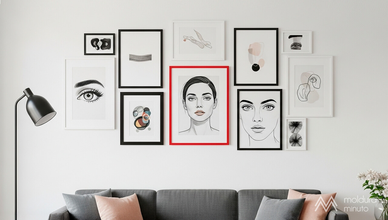 Imagem de uma parede de sala com composição de quadros em molduras de diferentes cores- preto, branco e uma moldura vermelha destacada. copiar