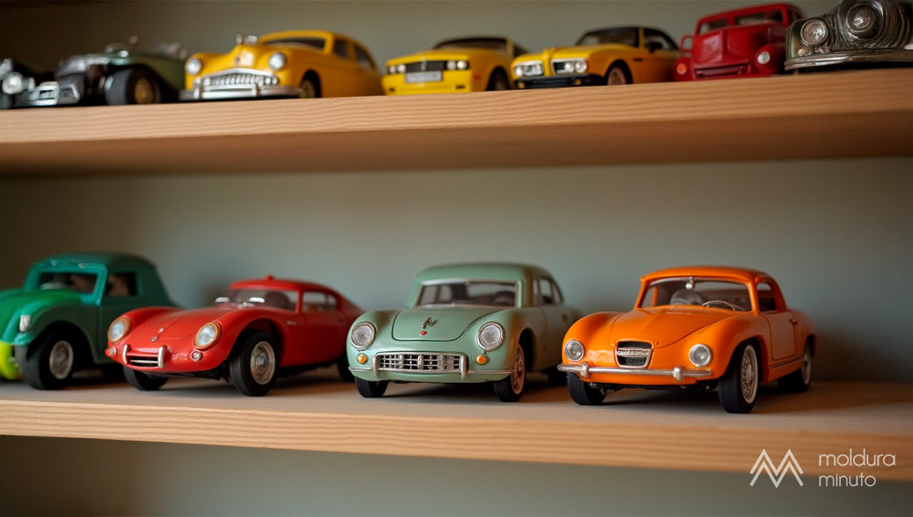 Coleção de carrinhos sem moldura em prateleira
