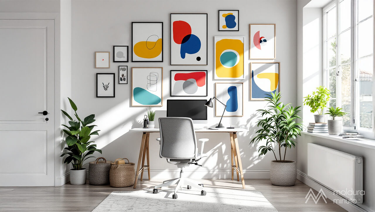 Ambiente de trabalho em casa com parede atrás da mesa decorada por vários quadros de diferentes tamanhos