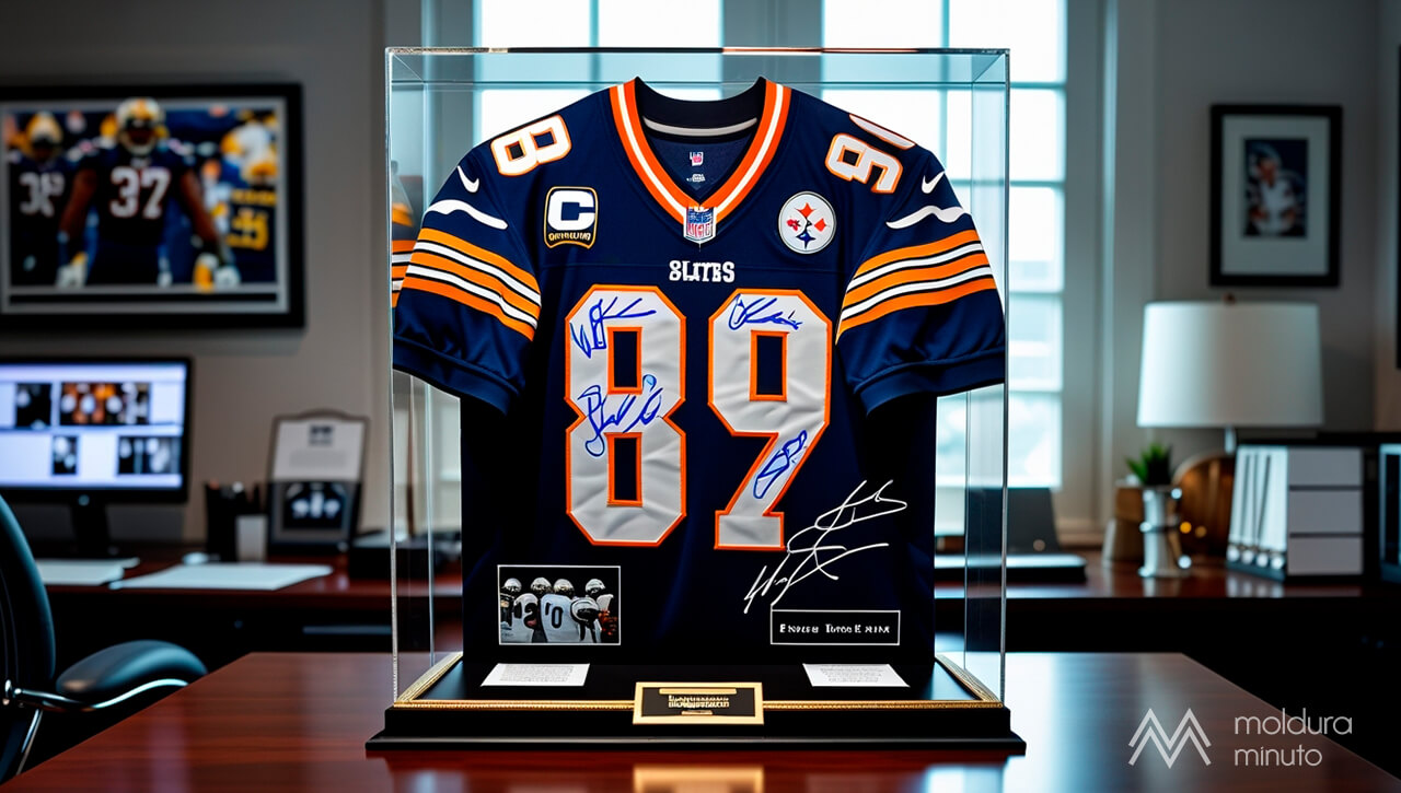 Camisa de time de futebol autografada, emoldurada em uma caixa de acrílico personalizada. A peça está exposta em um home office moderno, transmitindo exclusividade e cuidado.