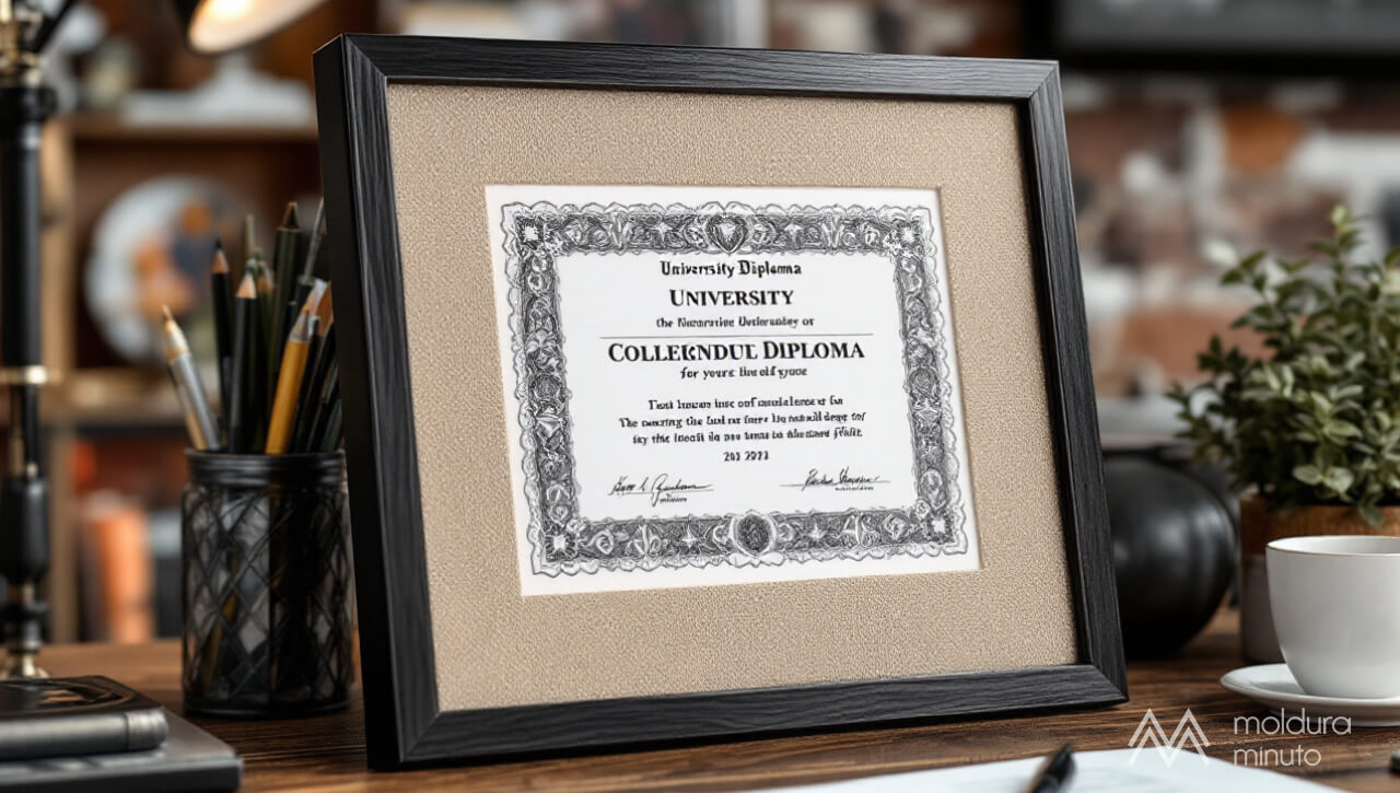 Diploma universitário em destaque sobre uma mesa de escritório elegante, protegido com moldura sob medida preta e passe-partout.