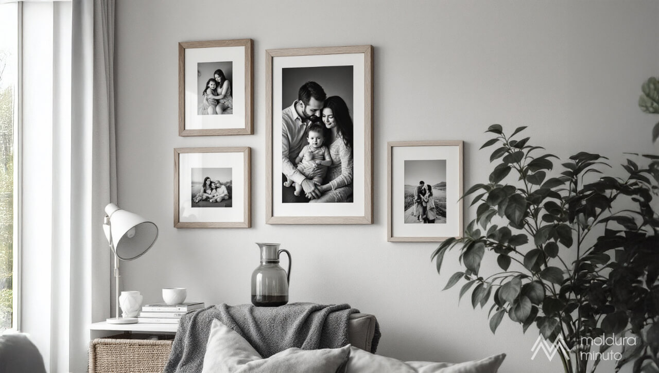 Gallery wall com foto antiga de familia, em preto e branco, emoldurada com moldura sob medida clara de diferentes tamanhos e passe-partout.