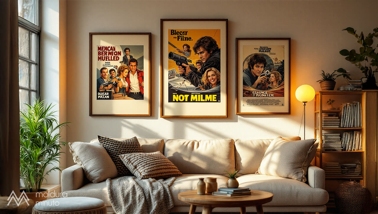 Sala-aconchegante-com-posters-de-filmes-classicos-emoldurados-na-parede