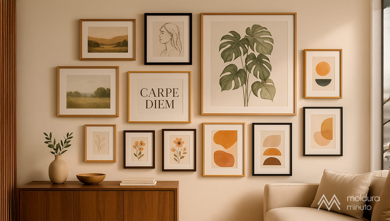 Parede com galeria de quadros decorativos em diferentes tamanhos e molduras personalizadas..jpg