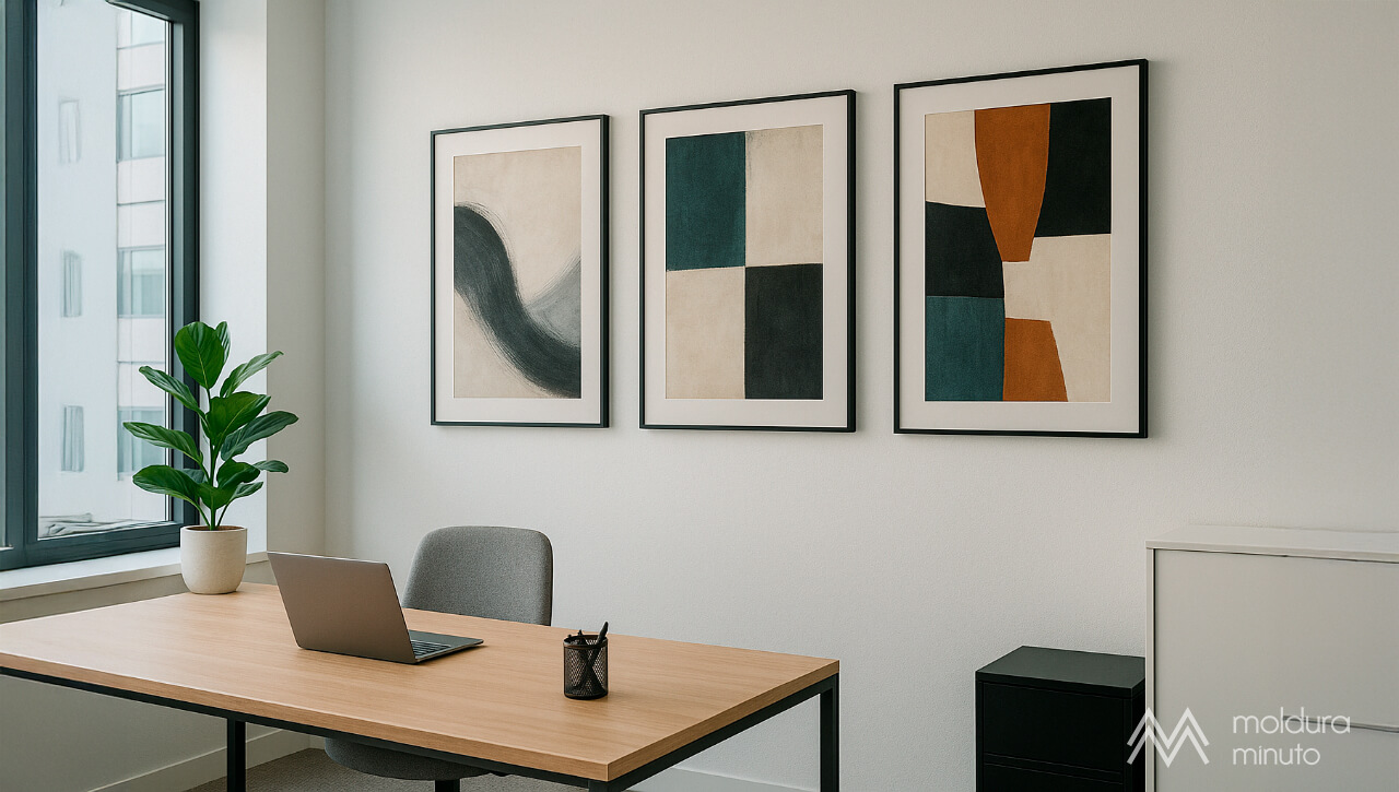 Ambiente corporativo moderno com quadros abstratos e molduras discretas