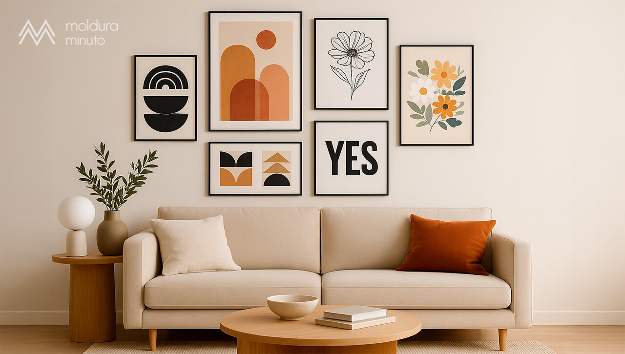 Ambiente moderno com sofá neutro e parede decorada com uma composição de quadros.jpg