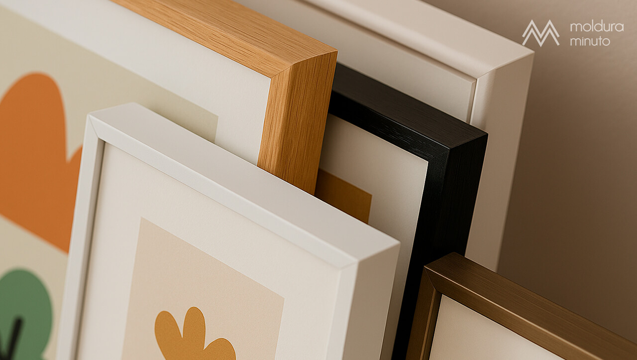 Close em molduras premium, mostrando a qualidade e o acabamento profissional dos quadros prontos da Moldura Minuto..jpg