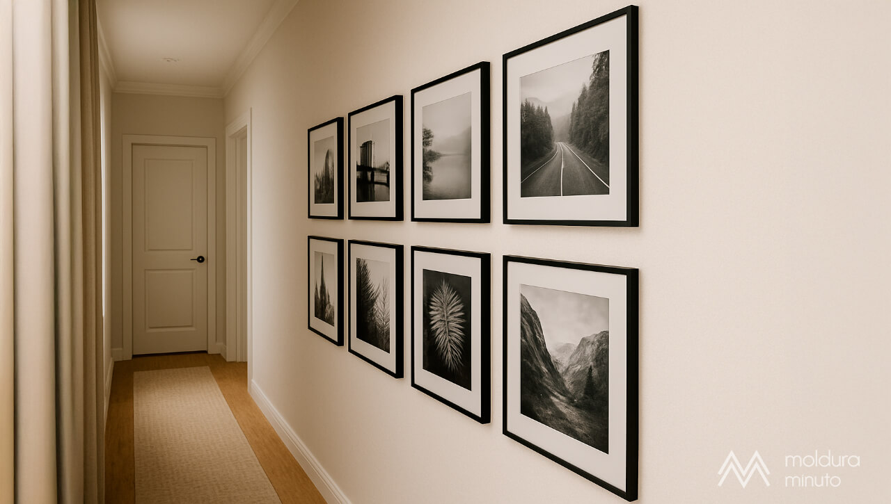 Composição de fotografias em preto e branco em um corredor