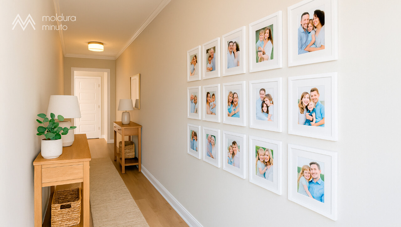 Corredor com galeria de fotos familiares em molduras brancas – Ideia afetiva de como decorar corredor com quadros, valorizando memórias pessoais em estilo clean e acolhedor.
