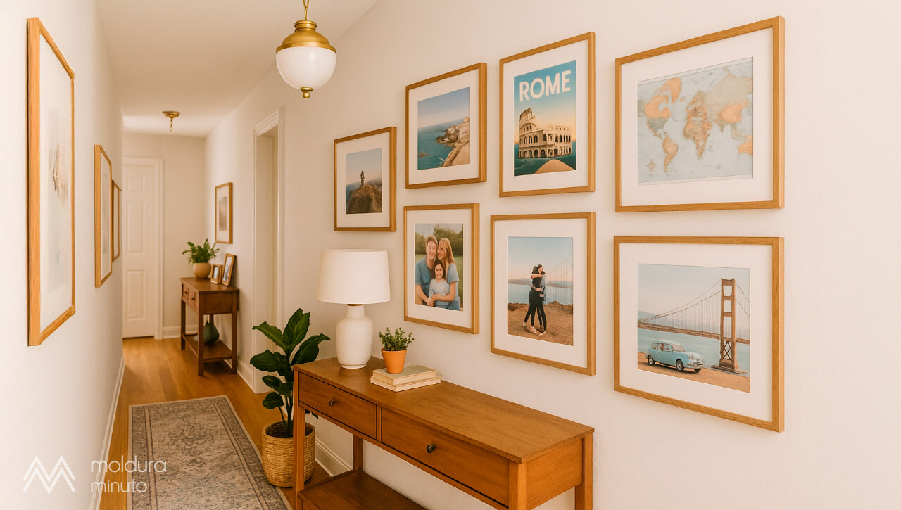 Corredor criativo com quadros de viagens e lembranças pessoais – Composição temática com fotografias, mapas e ilustrações, transmitindo personalidade e história ao ambiente.