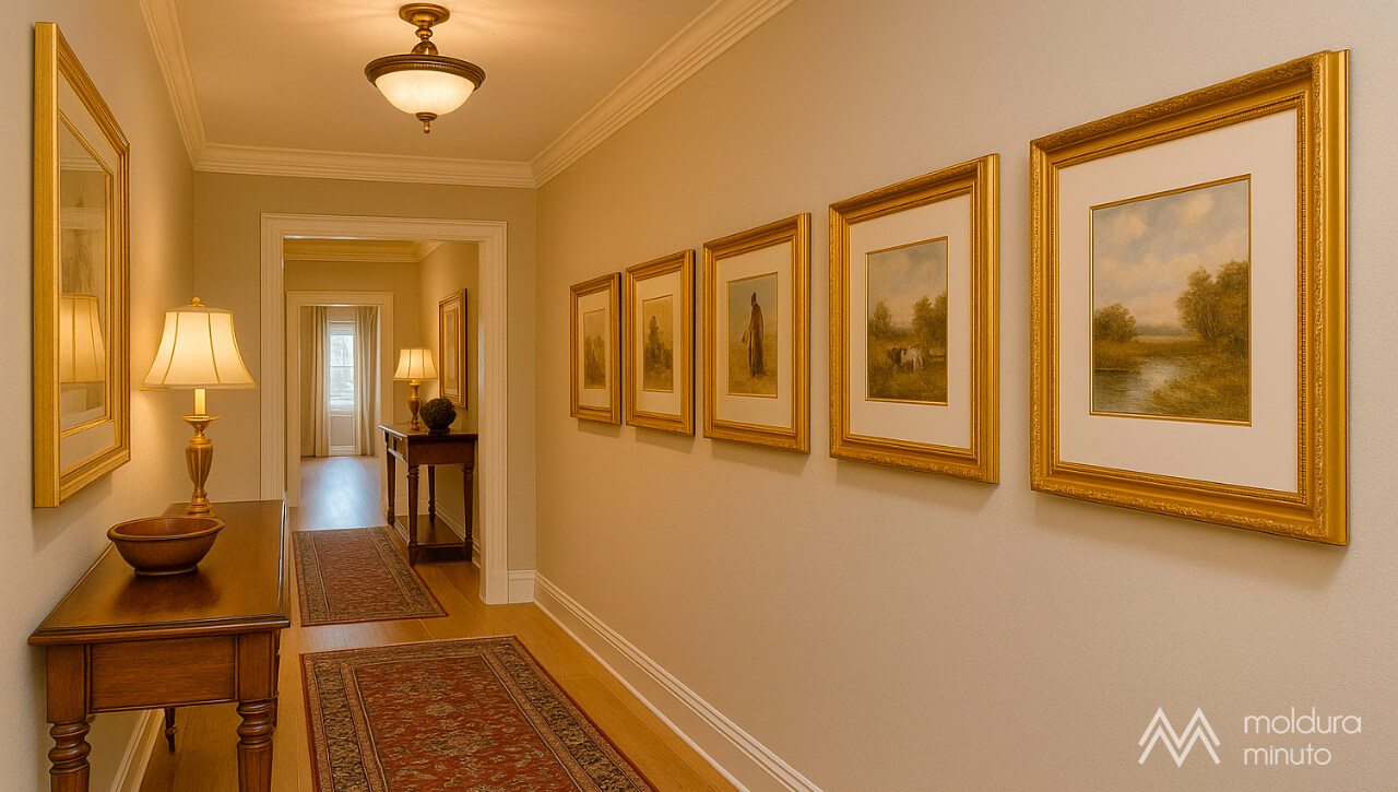 Decoração clássica de corredor com molduras douradas – Paredes sofisticadas em estilo atemporal, com quadros artísticos emoldurados em detalhes clássicos.