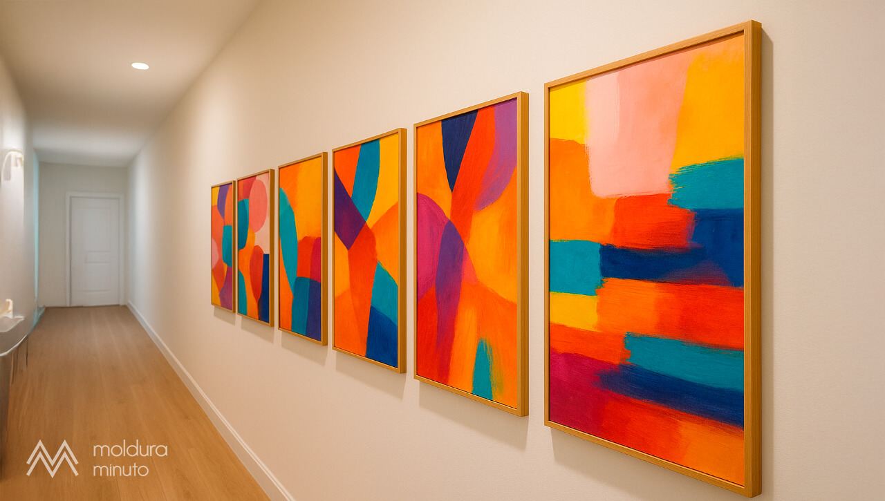 Decoração de corredor com quadros coloridos e abstratos – Espaço de passagem vibrante, com molduras discretas realçando obras de arte modernas em tons intensos.