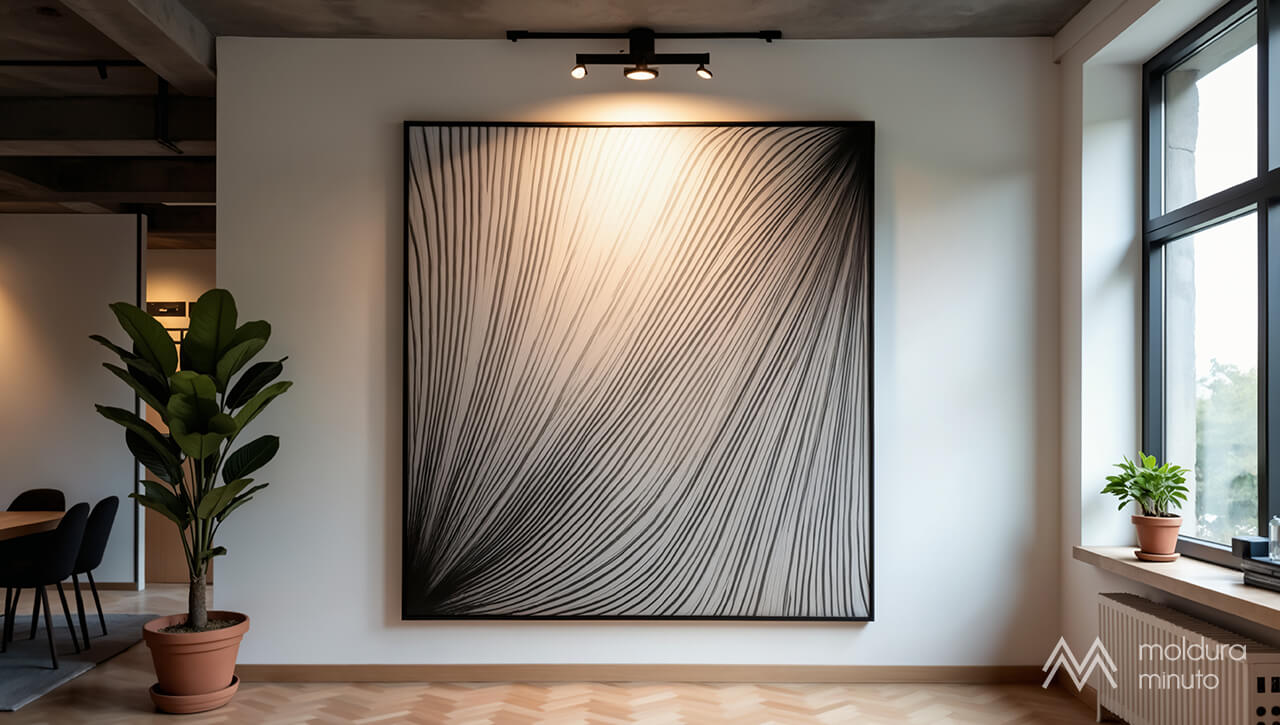 Quadro com arte digital em moldura preta, exposto em parede contemporânea e bem iluminada.jpg