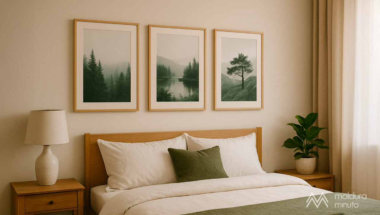 Quarto minimalista com quadros de natureza emoldurados