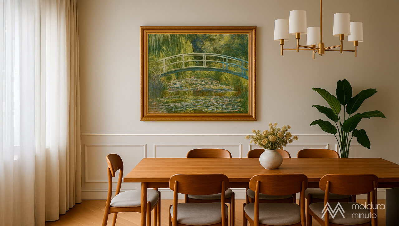 Sala de jantar com quadro clássico inspirado em obras icônicas, como Monet ou Vangog.