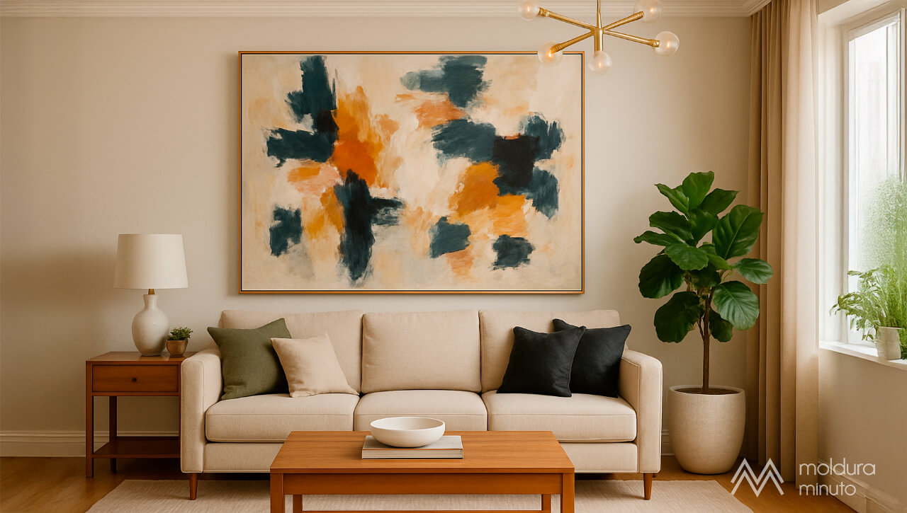 Sala sofisticada com quadro abstrato grande na parede