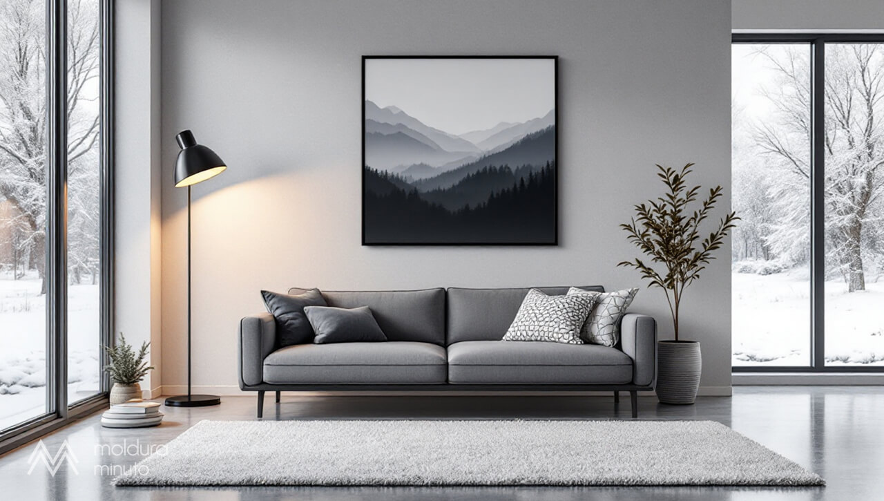 Sala-moderna-e-clean-com-sofa-cinza-e-quadro-minimalista-em-preto-e-branco